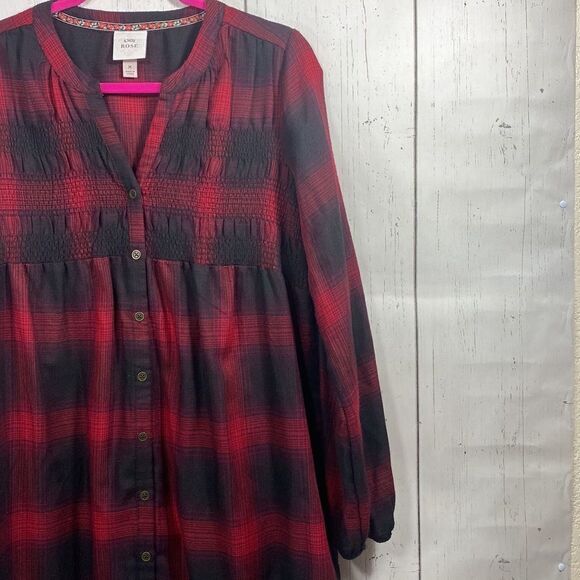 Knox Rose Womens Plaid Long Sleeve Smocked Shift Button Front Red Midi Dress - Picture 5 of 15